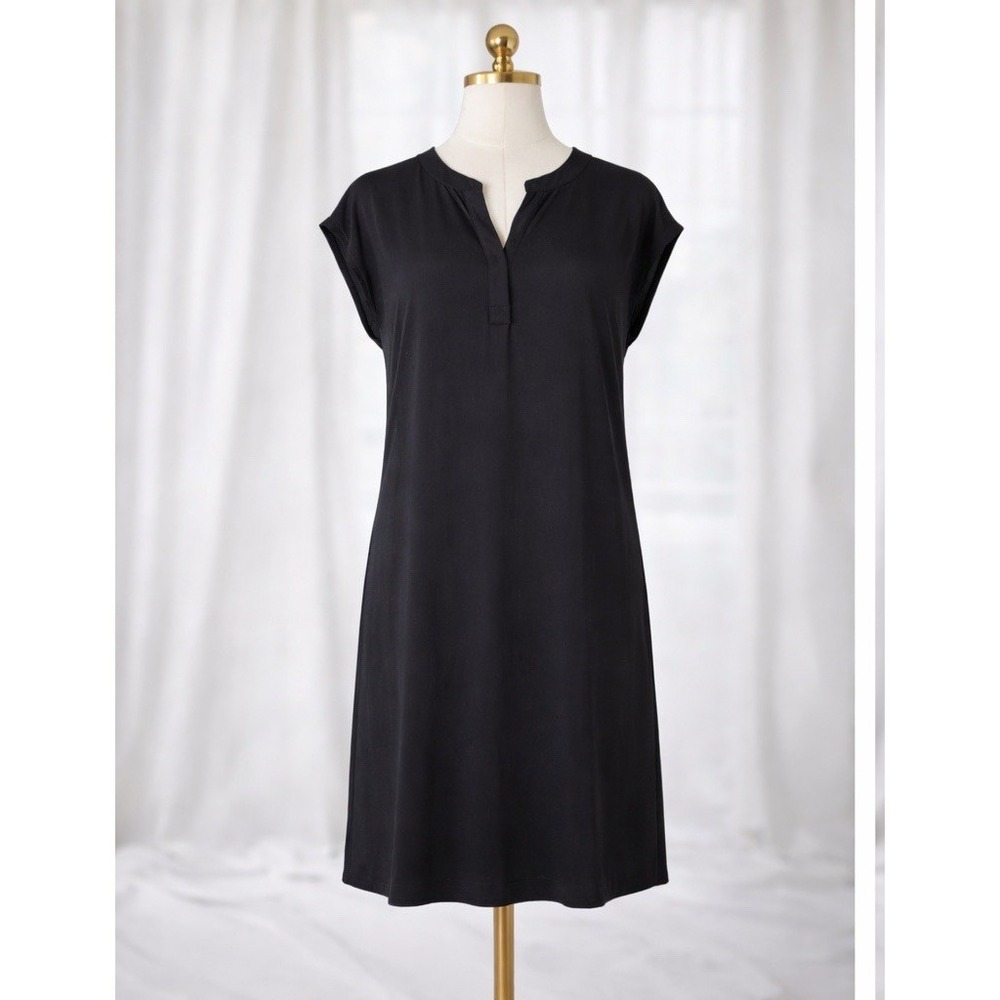 New BANANA REPUBLIC Midi Shirt Sheath Dress Size Medium Petite‎ Black Satin